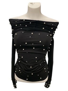 Chicme Pearl-Embellished Off-Shoulder Black Women's Blouse Size S